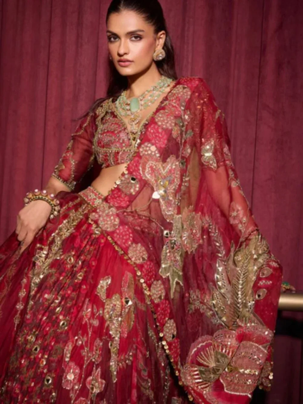 Mahima Mahajan Dark Red Lengha Ehlam with Veil (MMM-WF24-954) - Picture 5 of 12